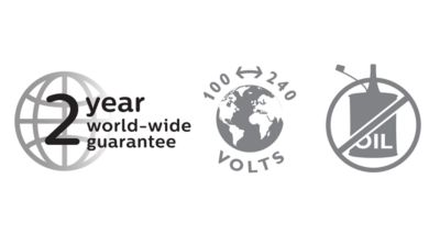 2-year guarantee, worldwide voltage, no oiling needed