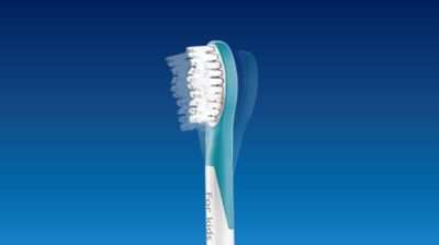 Rubberised brush head is designed to protect young teeth