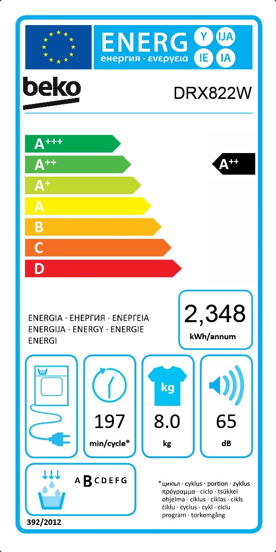 8 Kg Asciugabiancheria 54 cm Pompa Calore DRX822W Beko Asciugatrice classe A