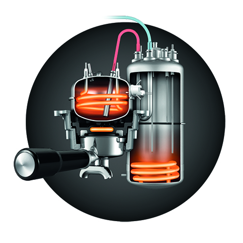 The Dual Boiler heating system delivers simultaneous extraction & steam and a heated group head