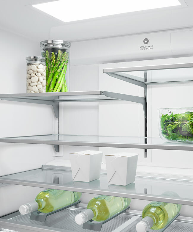 The upper shelves of a Fisher & Paykel refrigerator with ActiveSmart cooling technology