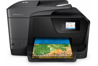 HP OfficeJet Pro 8710 All-in-One, center facing with output sample