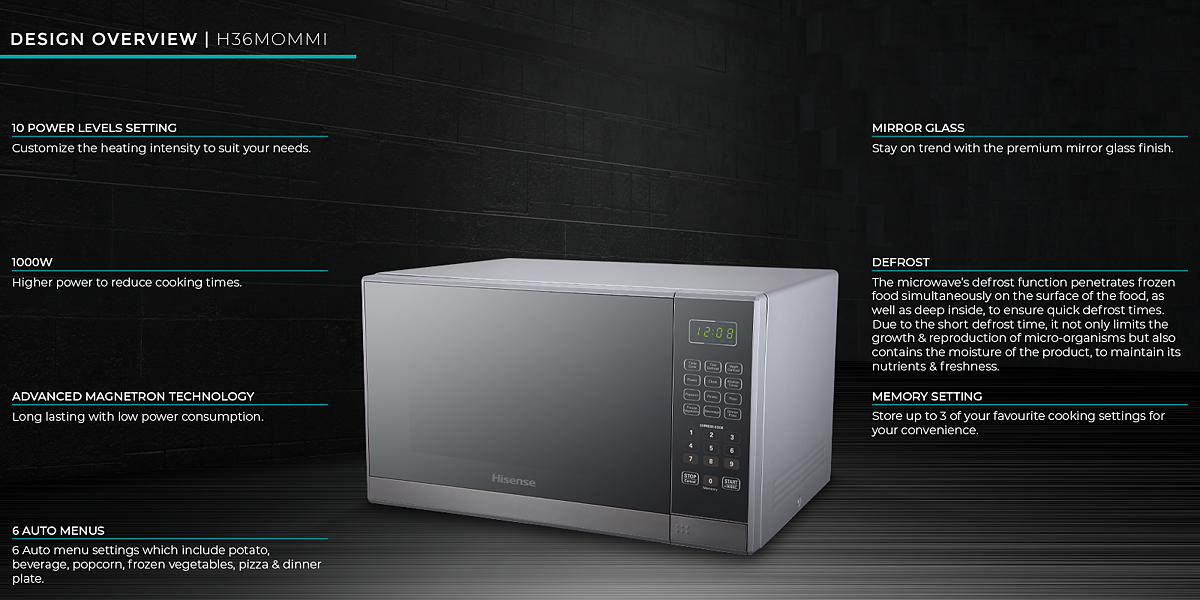 HISENSE 36L METALLIC MICROWAVE 900W 10 POWER SETTING Makro