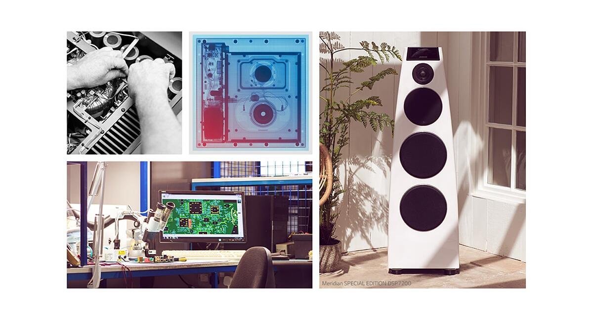 Collage. Clockwise from top-left: two images of Meridian internal hardware, a white Meridian speaker, and a Meridian R&amp;D desk.
