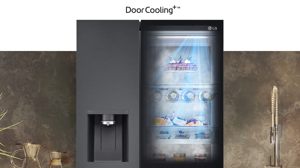 The front view of a black InstaView refrigerator with the light on inside. The contents of the refrigerator can be seen through the InstaView door. Blue rays of light shine down over the contents from