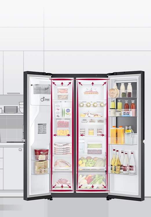 A video begins with the front view of the refrigerator with both doors wide open. The interior spaces are outlined in a neon lines and arrows begin to push the lines out to show that there is now more