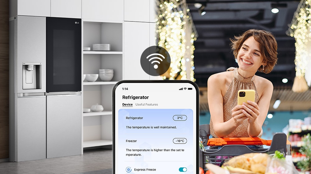 Image on the right shows a woman standing in a grocery store looking at her phone. Image on the left shows the refrigerator front view. In the center of the images is an icon to show connectivity betw