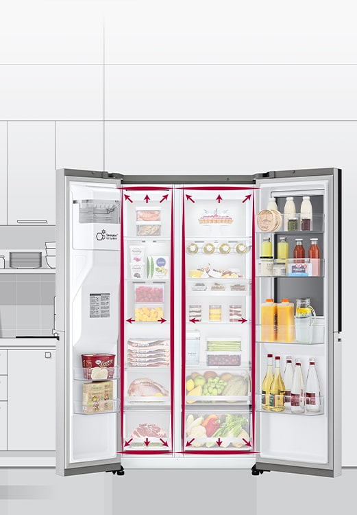 A video begins with the front view of the refrigerator with both doors wide open. The interior spaces are outlined in a neon lines and arrows begin to push the lines out to show that there is now more