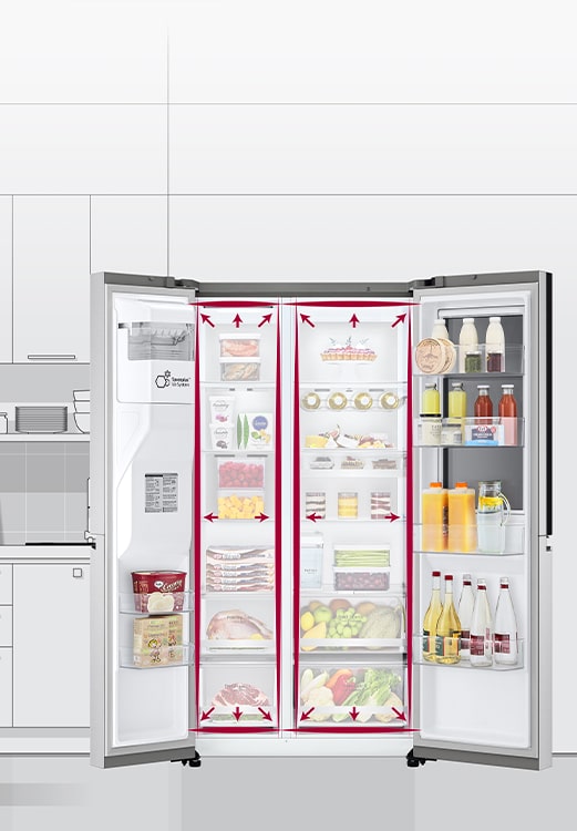 Modern LG refrigerator with doors open, showcasing organised shelves with various groceries, beverages, and dairy.