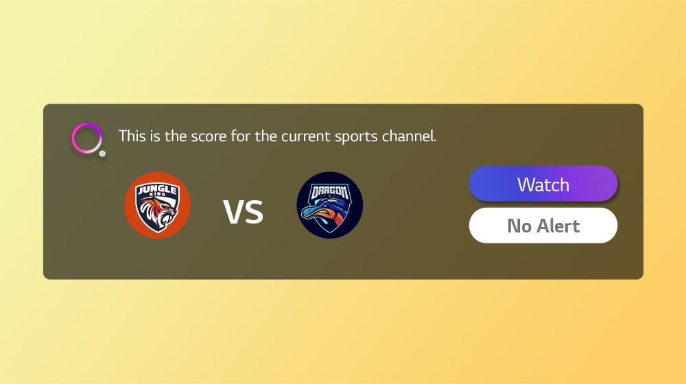 There are Sports Alert graphic UI showing two sports team logos (Jungle King and Dragon) and the two buttons on the right that says “Watch” and “No Alert”. The tagline says &quot;This is the score for