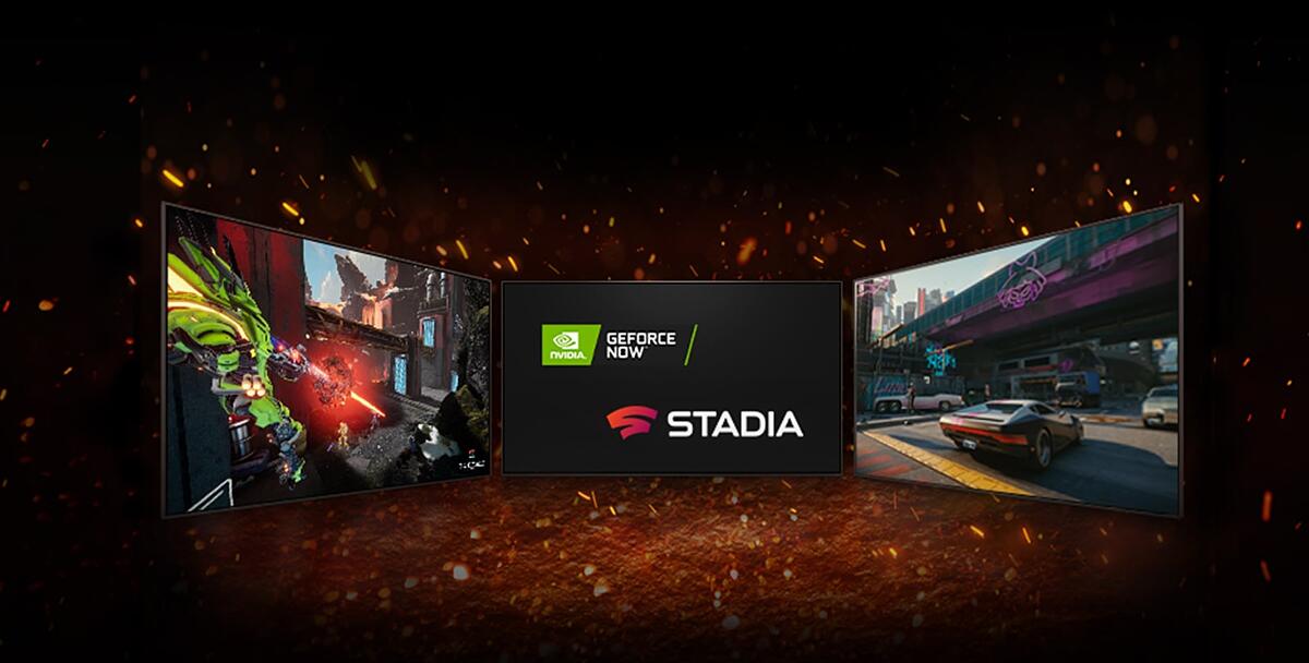 There are three TVs displayed. In the middle, the screen shows two logos placed in diagonal – logo of NVIDIA GeFORCE NOW and logo of STADIA. On left TV shows Splitgate and on right TV shows Cyberpunk 
