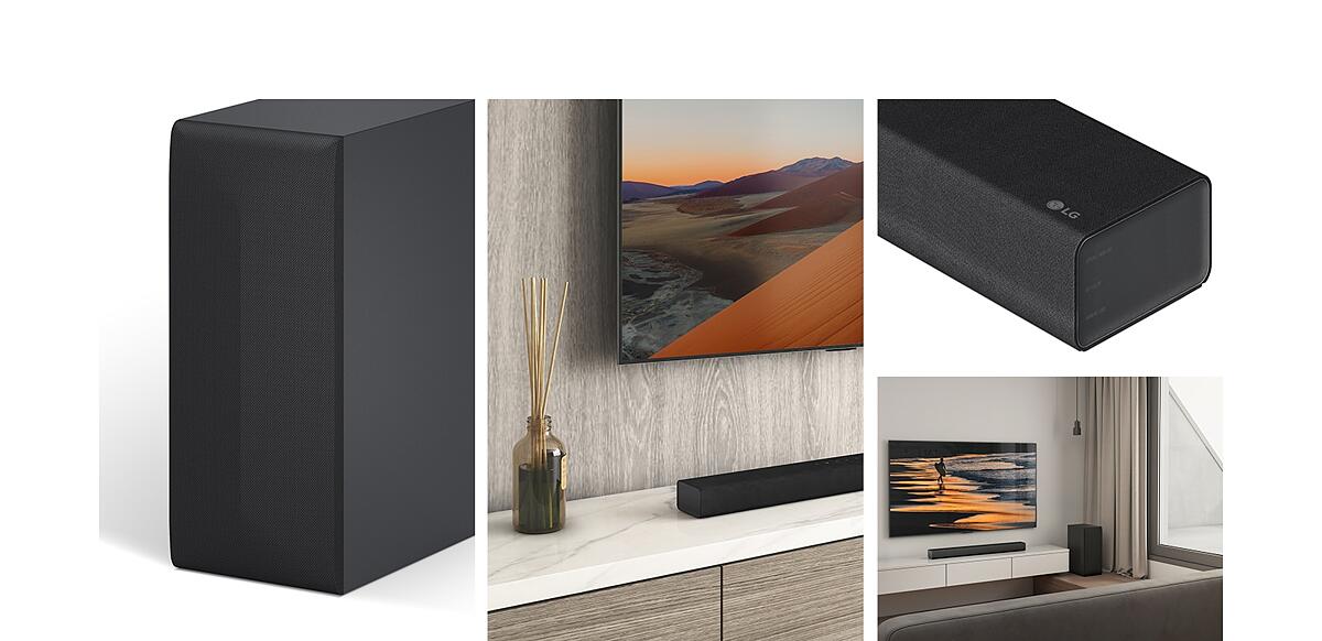 From left, an image of rear speaker, Close up of LG TV, showing the mountin on the screen and LG Soundbar below. On the right, Clockwise from top-bottom: close-up of LG Soundbar. LG TV, showing a beac