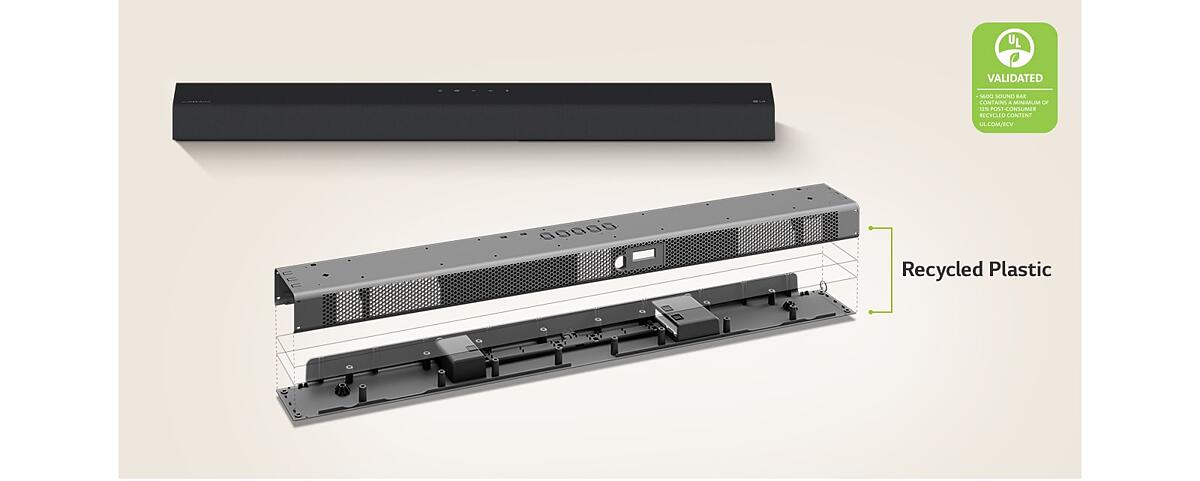 There is a front view of Soundbar behind and a metal frame image of Soundbar in front.