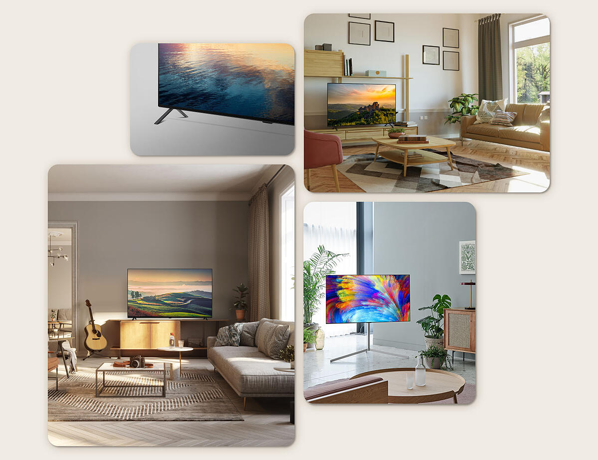 A side view of LG OLED A2's base legs. An LG OLED A2 sits on a wooden TV stand in a neutral living room with plants and books. An LG OLED A2 with Gallery Stand is in the corner of a mint-colored room 