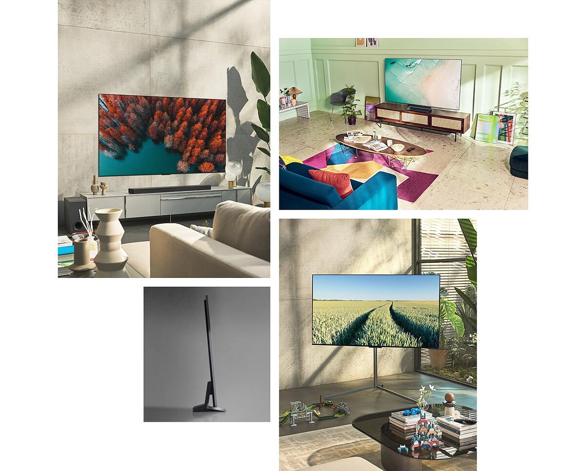 An LG OLED G2 is hung on the wall in a living room with plants, a pile of books, and a vintage-style cabinet. An LG OLED G2 is hung on the wall in a minimalist-looking room beside a shelf with monochr