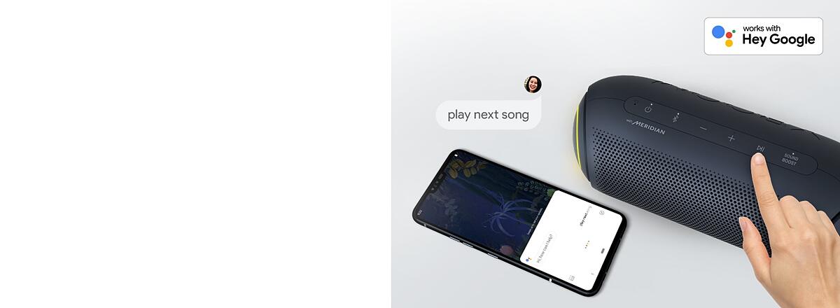 A hand presses a button on LG XBOOM Go. A smartphone is next it. There's a speech bubble. Google's logo is in the top right.