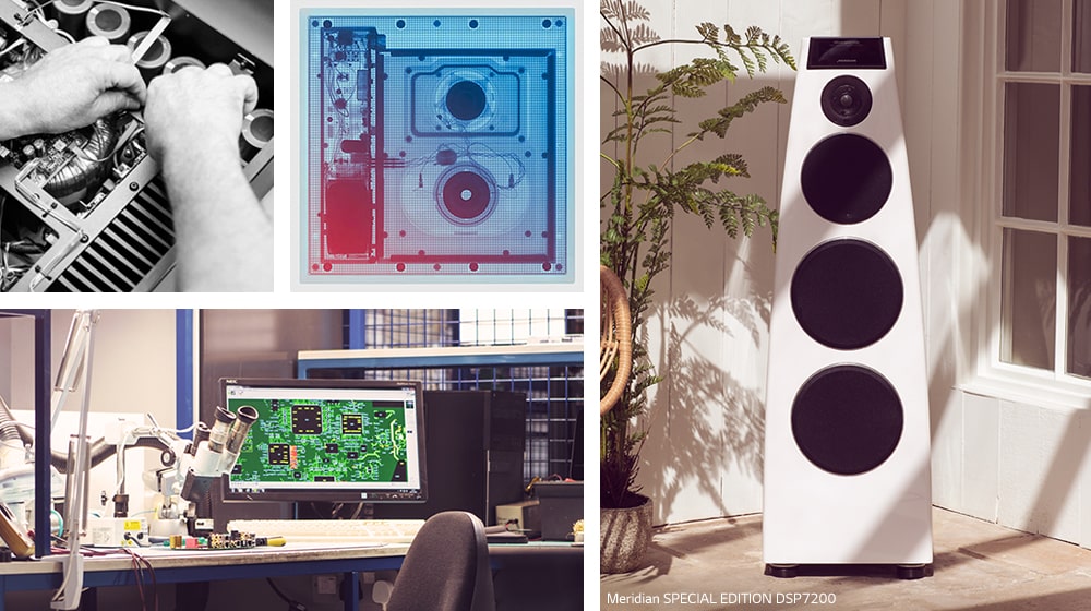 Collage. Clockwise from top-left: two images of Meridian internal hardware, a white Meridian speaker, and Meridian R&amp;D desk