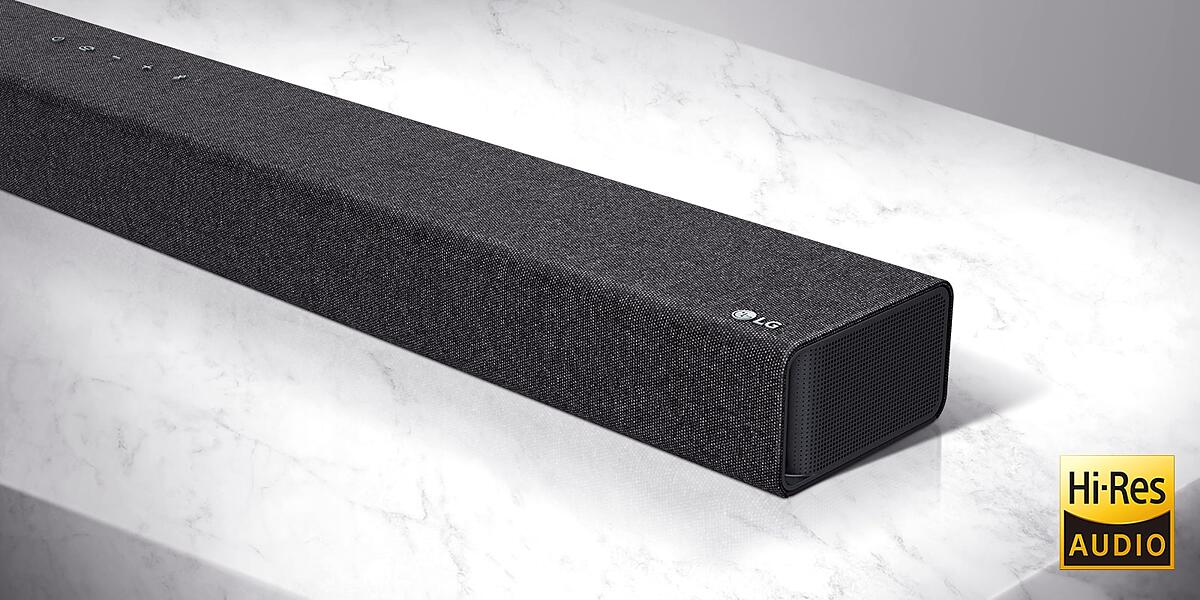 Close-up of LG Soundbar right side with LG logo on the bottom right corner of a product.