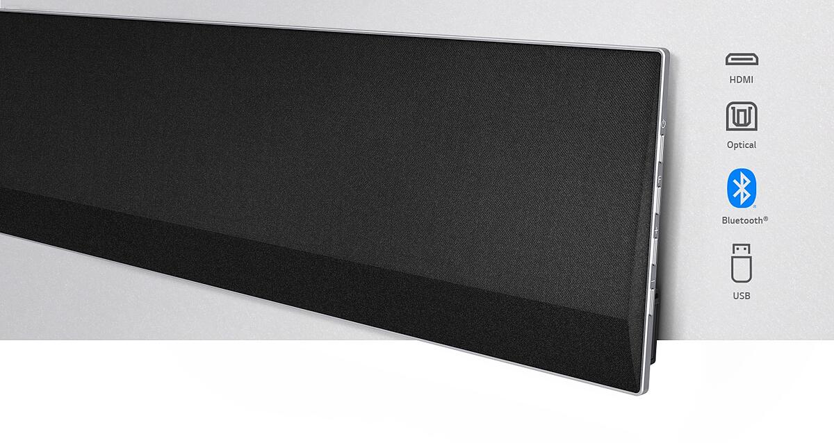 An angled close-up of the right side of LG Soundbar. Connectivity icons are shown on the right side of the product.