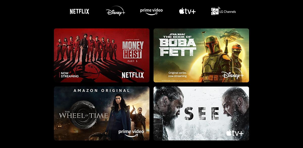 A poster of Money Heist from Netflix, The Book of Boba Fett from Disney Plus, The Wheel of Time from Prime Video, and See from Apple TV Plus.