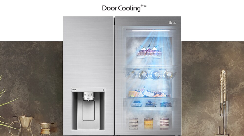 LG refrigerator with DoorCooling+ technology, featuring chilled desserts, drinks, and blue cooling lights inside.