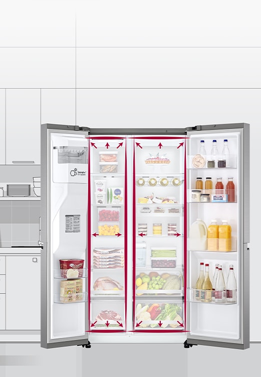 LG Smart Inverter refrigerator with open doors showing various food items neatly organized on shelves in a kitchen.
