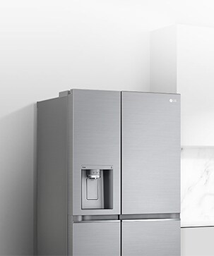 A side view of a kitchen with a black InstaView refrigerator installed.