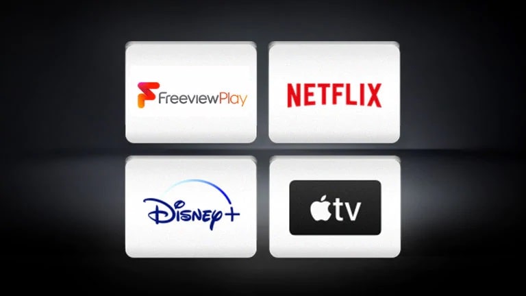 The Freeview Play logo, the Netflix logo, the Disney+ logo, the Apple TV logo are arranged horizontally in the black background.