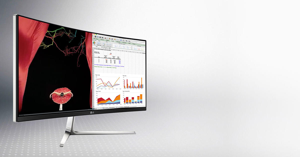 Front view of an LG curved TV showcasing the Dual Linkup feature with a ballet performance on one side and office documents on the other.