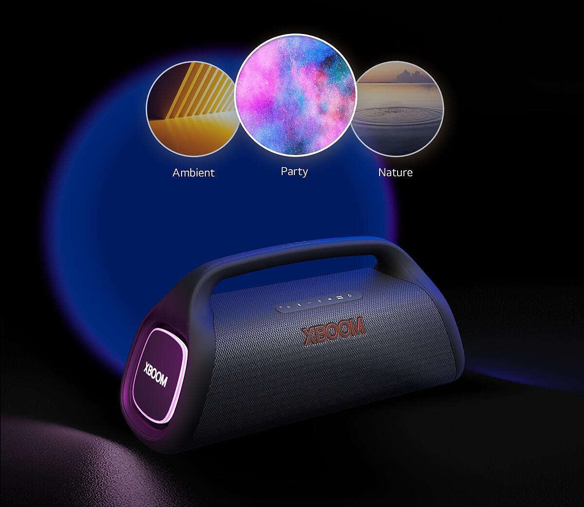LG XBOOM Go XG9 with purple lighting is placed on the floor. On top of the speaker it shows three modes; rhythm, party, fireworks, space.