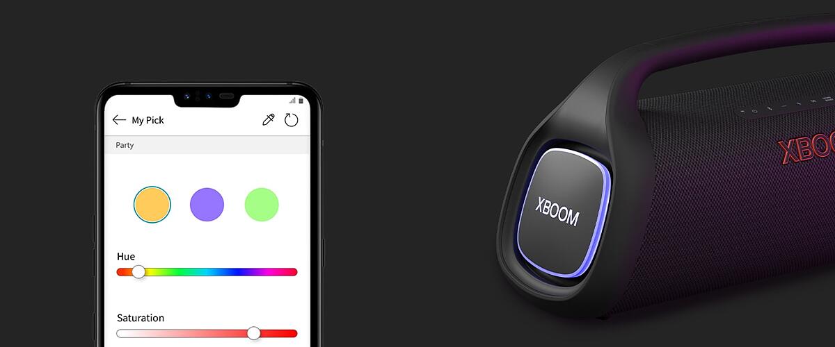 On the left, My style UI is shown. On the right side, LG XBOOM Go XG9 with blue lighting is placed on the floor.