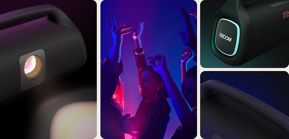College. From left, close up view of LG XBOOM Go XG9. Next, an image of people enjoying the music. On the right from top to bottom: close-up view of the speaker with pink lighting and two glasses of d