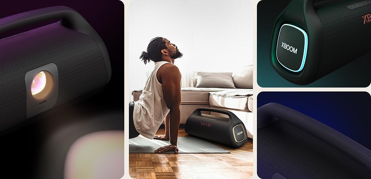 College. From left, close up view of LG XBOOM Go XG9. Next, an image of a man doing yoga. On the right from top to bottom: close-up view of the speaker with pink lighting and two glasses of drink.
