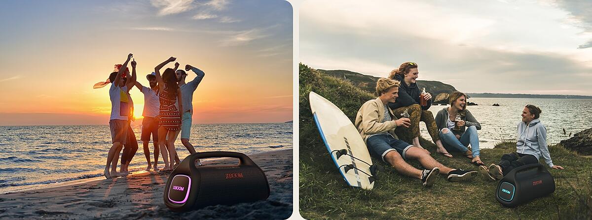 Boven de tekst is een lijn geplaatst voor de vormgeving. Onder de tekst staan twee afbeeldingen. Van links is een groep mensen aan het dansen terwijl de LG XBOOM Go XG9 met roze verlichting op het zan