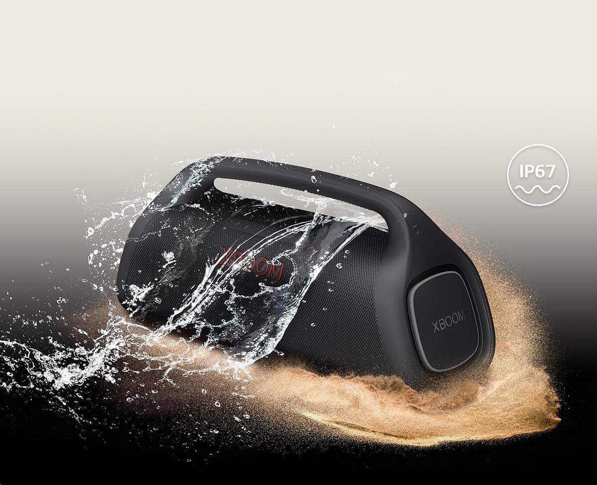 Two LG XBOOM Go XG9 are placed in infinite space. One shows that it's waterproof and the other is dust-proof.