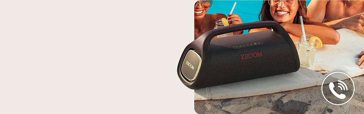 LG XBOOM Go XG9 is placed on the poolside. Three people are talking through the speaker in the pool.