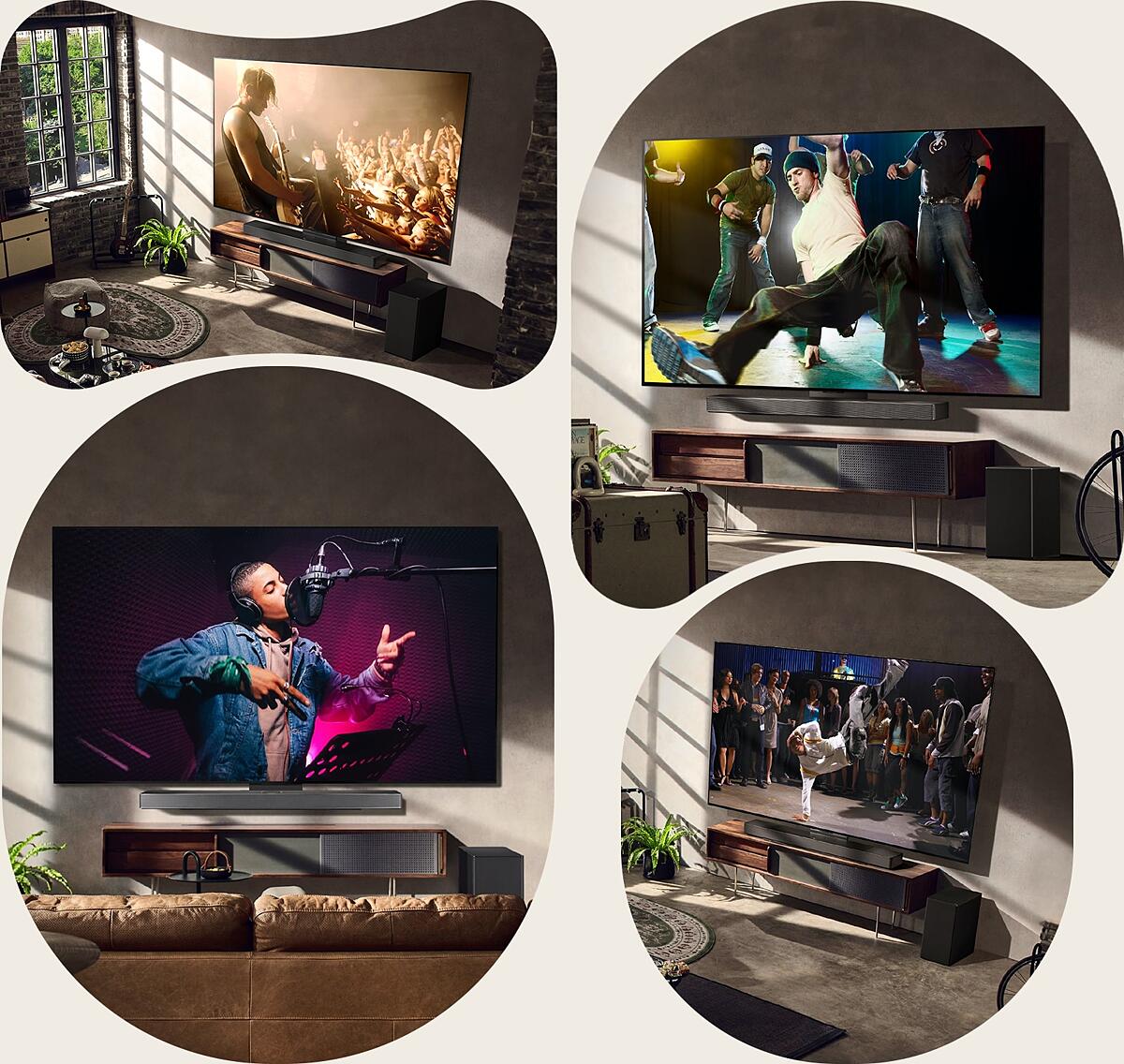 There are three lifestyle images. From top to bottom: three men are enjoying a concert video in the living room. There's an LG TV on the wall displaying a music recording scene, and the LG TV on the w