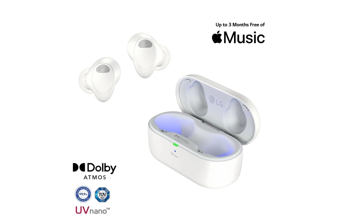 LG Electronics T90S Wireless Bluetooth Earbuds LG TONE Free with Dolby Atmos and UVnano+, White