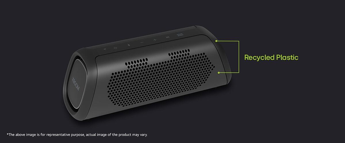 There is a diagonal view of speaker, showing recycled parts.