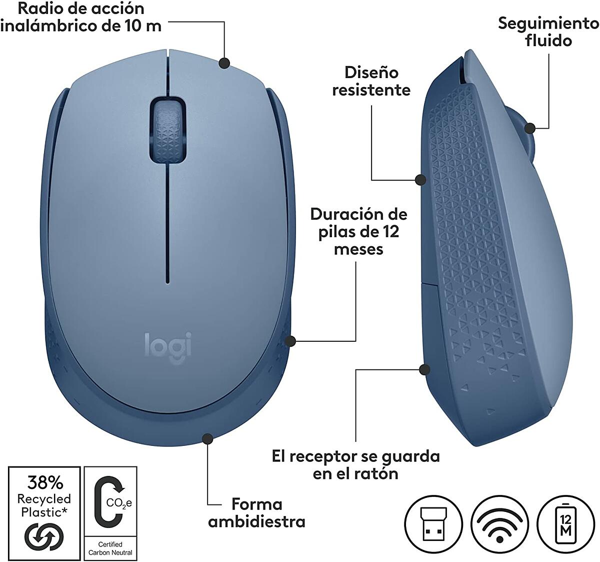 Mouse Inalámbrico Logitech M170, Ambidiestro, Receptor USB, Gris Azulado - - en Elite Center