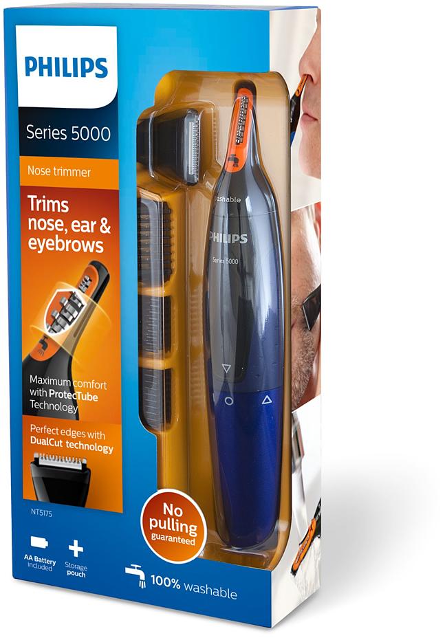 Philips Nose trimmer series 5000 Gentle nose, neck & sideburns trimmer  NT5175/16 No pulling guaranteed Guard system, ideal angle Fully washable,  AA battery Detail trimmer, 3 combs, pouch
