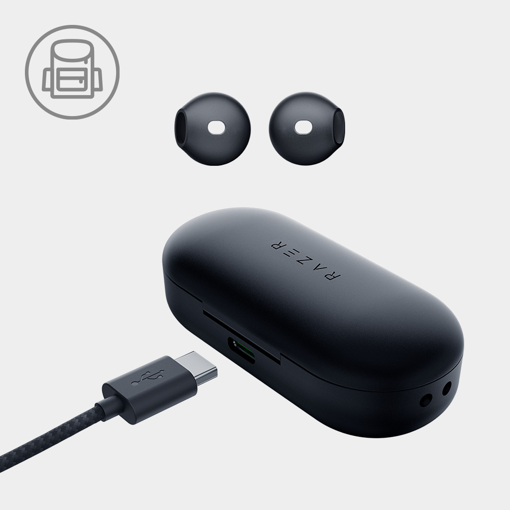 CHARGING CASE AND SILICONE EARBUD SLEEVES For all-day use