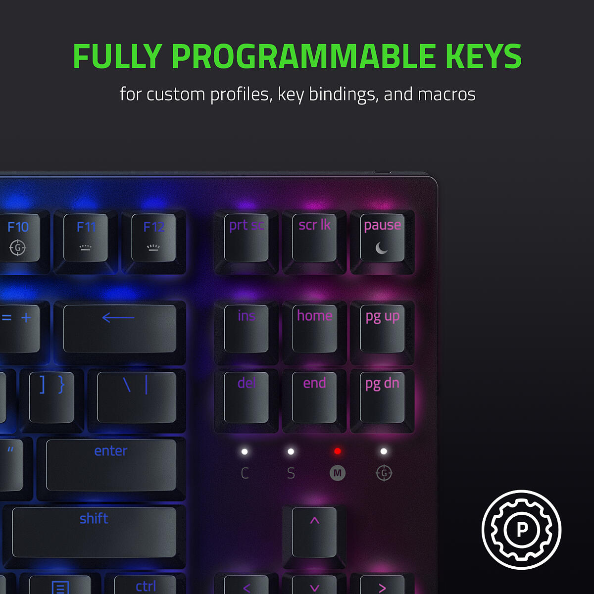 Fully programmable keys for custom profiles, key bindings, and macros