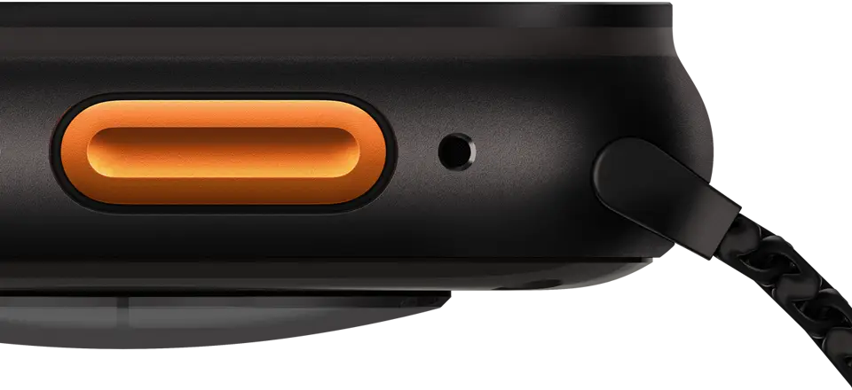 Apple Watch Ultra 3, black colour, titanium case, convex sensor on back, left side exterior, speaker/air vent, Action button, microphone