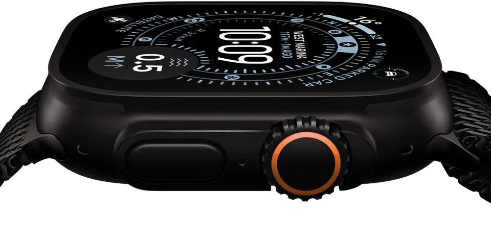 Apple Watch Ultra 3, side exterior, black titanium case, compass on Orienteering watch face, Action button and digital crown