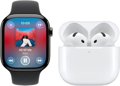 Apple Watch Series 11, titanium slate case, strap: black sport band, Apple Music app open, paired with AirPods 4
