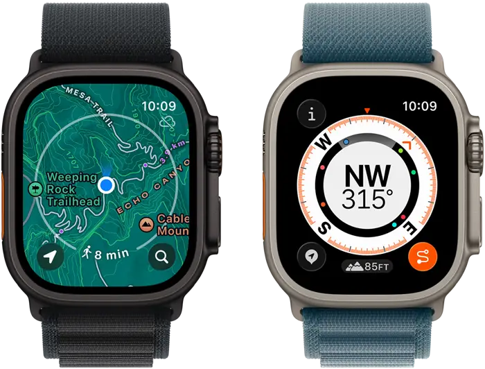 Two Apple Watch Ultra 3 devices, one showing maps and the other showing Backtrack features including compass, elevation and marked waypoints