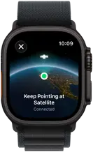 Apple Watch Ultra 3, black colour, titanium case, "Keep Pointing at Satellite" over Earth with a location on screen, strap, Alpine Loop