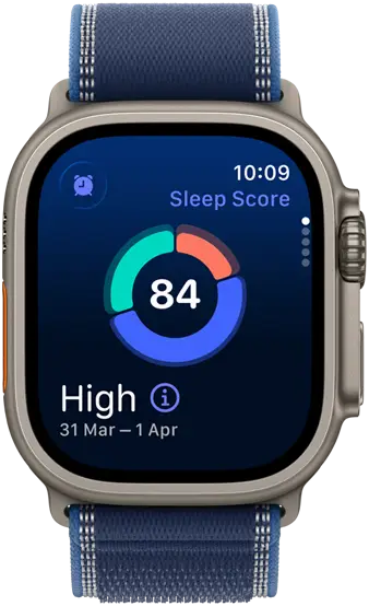 Apple Watch Ultra 3, titanium natural case, sleep score screen, breakdown in circle graph, score in centre, strap, blue Trail Loop