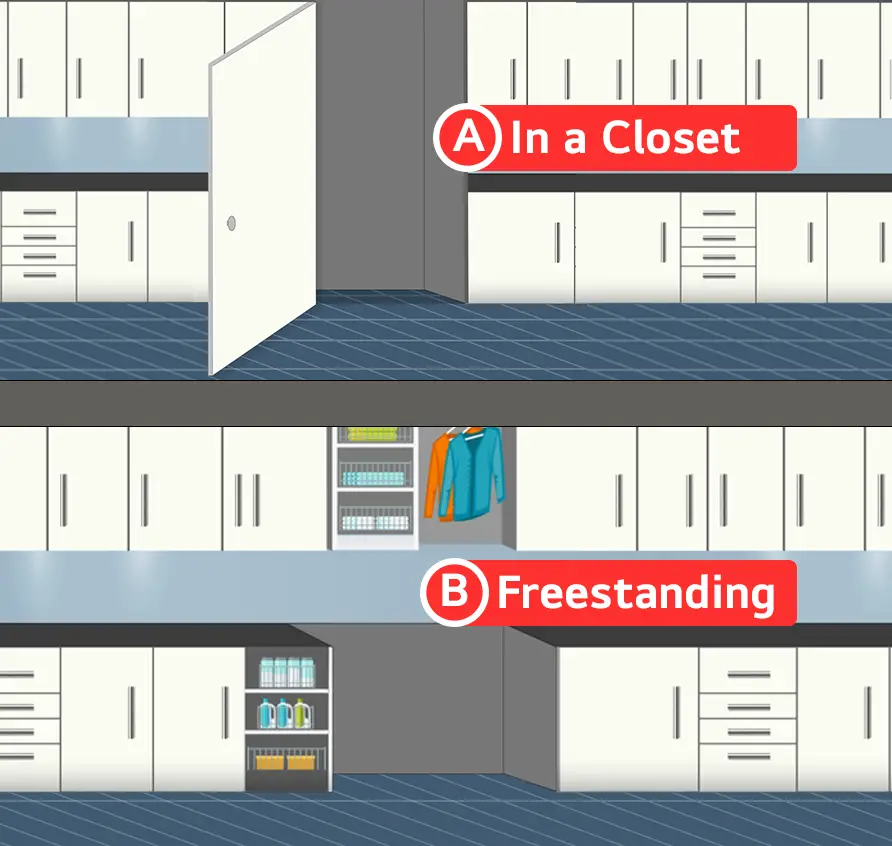 A laundry space that the laundry will be placed in.  A space at the top shows a laundry space within a closet.  The space at the bottom shows a traditional laundry room where the laundry appliances are freestanding.